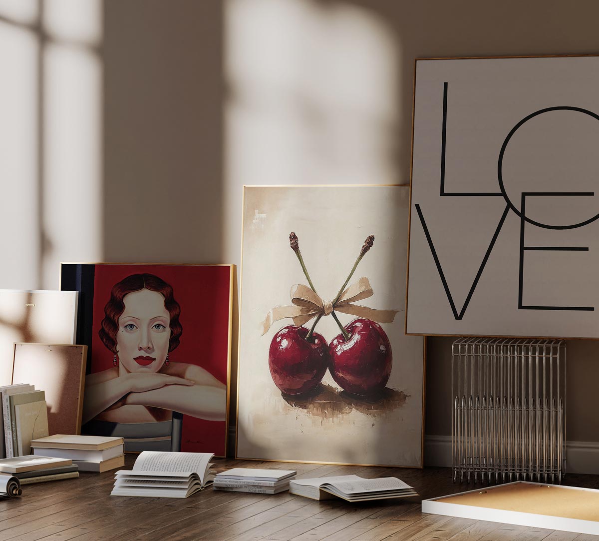 Stilvolles Interieur mit gerahmten Kunstpostern: Porträt einer Frau, Stillleben mit Kirschen und LOVE-Motiv