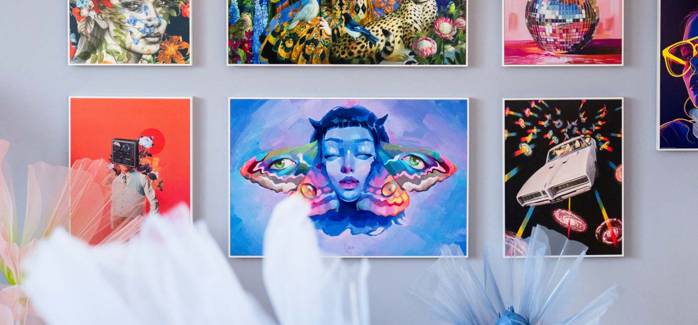 Colourful gallery wall with modern and surreal wall art in vibrant colours