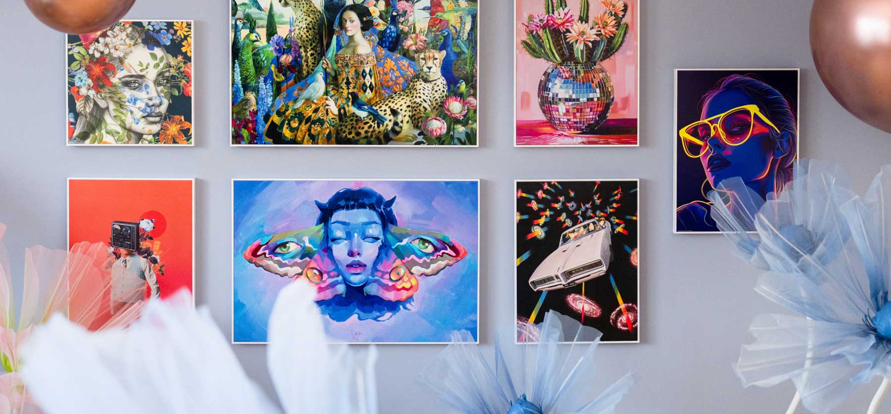 Colourful gallery wall with modern and surreal wall art in vibrant colours