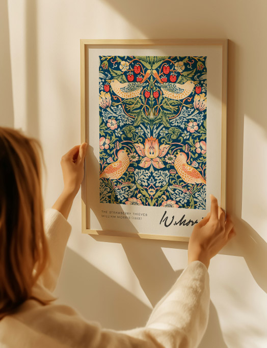 A woman hangs a framed William Morris poster