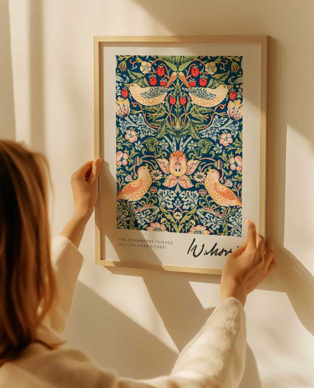 A woman hangs a framed William Morris poster