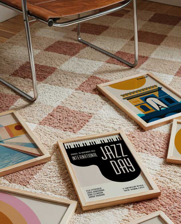 Gerahmte Kunstdrucke auf Teppichboden neben einem Stuhl