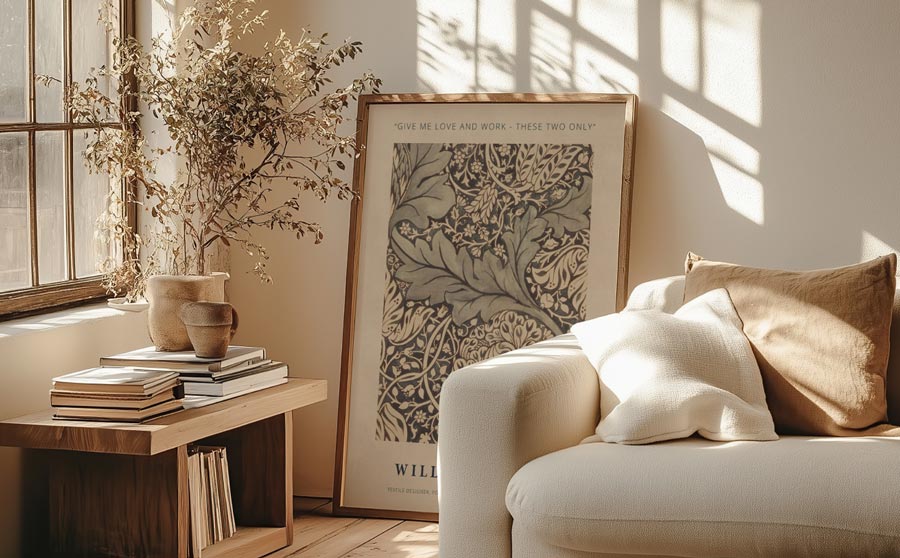 Gemütliche Leseecke mit William-Morris-Poster und Naturdeko