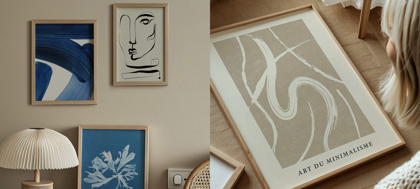 Interior mit modernen Postern in Blau und Beige