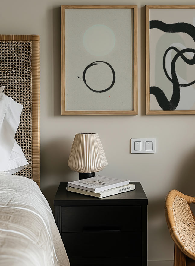 Schlafzimmer mit abstrakten Wandbildern