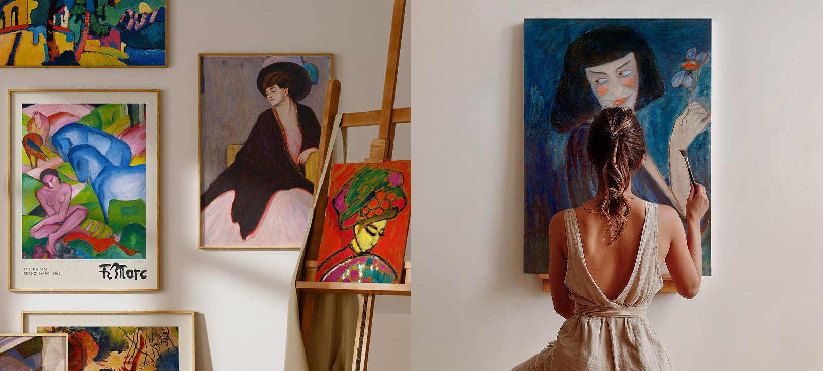 Expressionistische Wandbilder mit kräftigen Farben, eine Frau betrachtet moderne Wandkunst