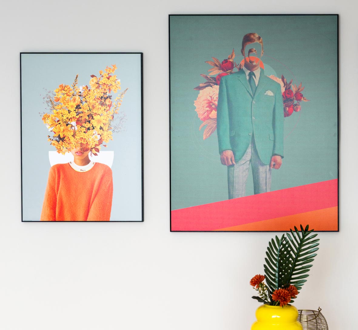 Two surrealist artworks on the wall – left: a portrait with yellow flowers instead of a head, right: a suited man with a floral collage in the background